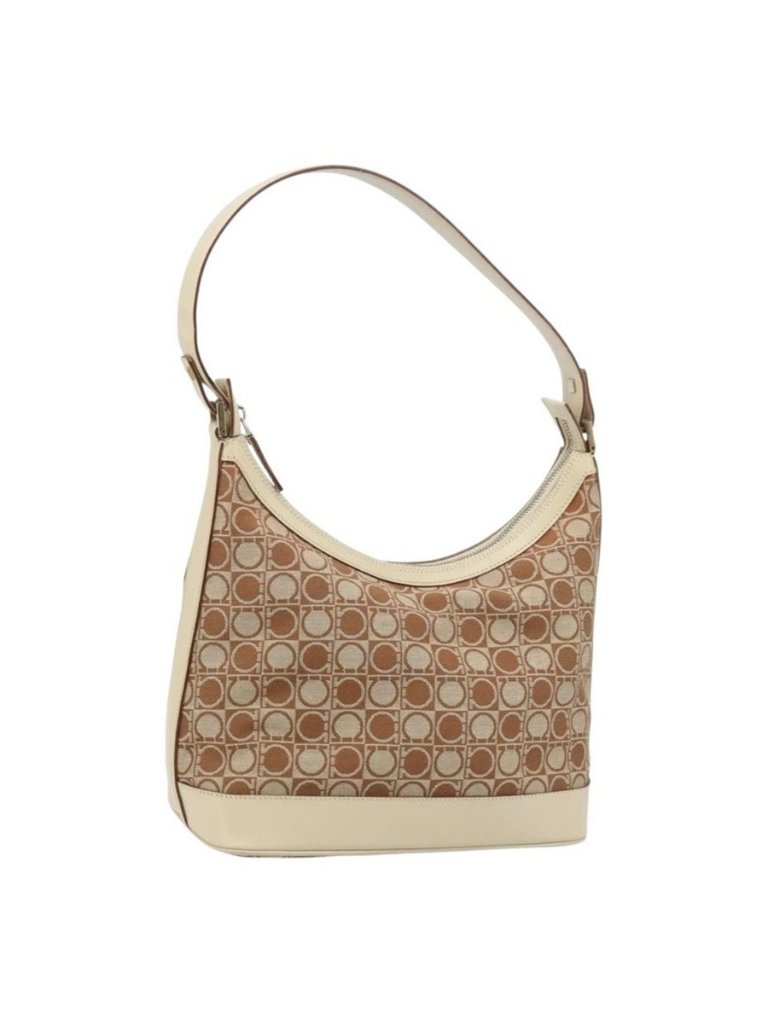 Authentic Salvatore Ferragamo Gancini Shoulder Bag Canvas Leather Brown Gold
